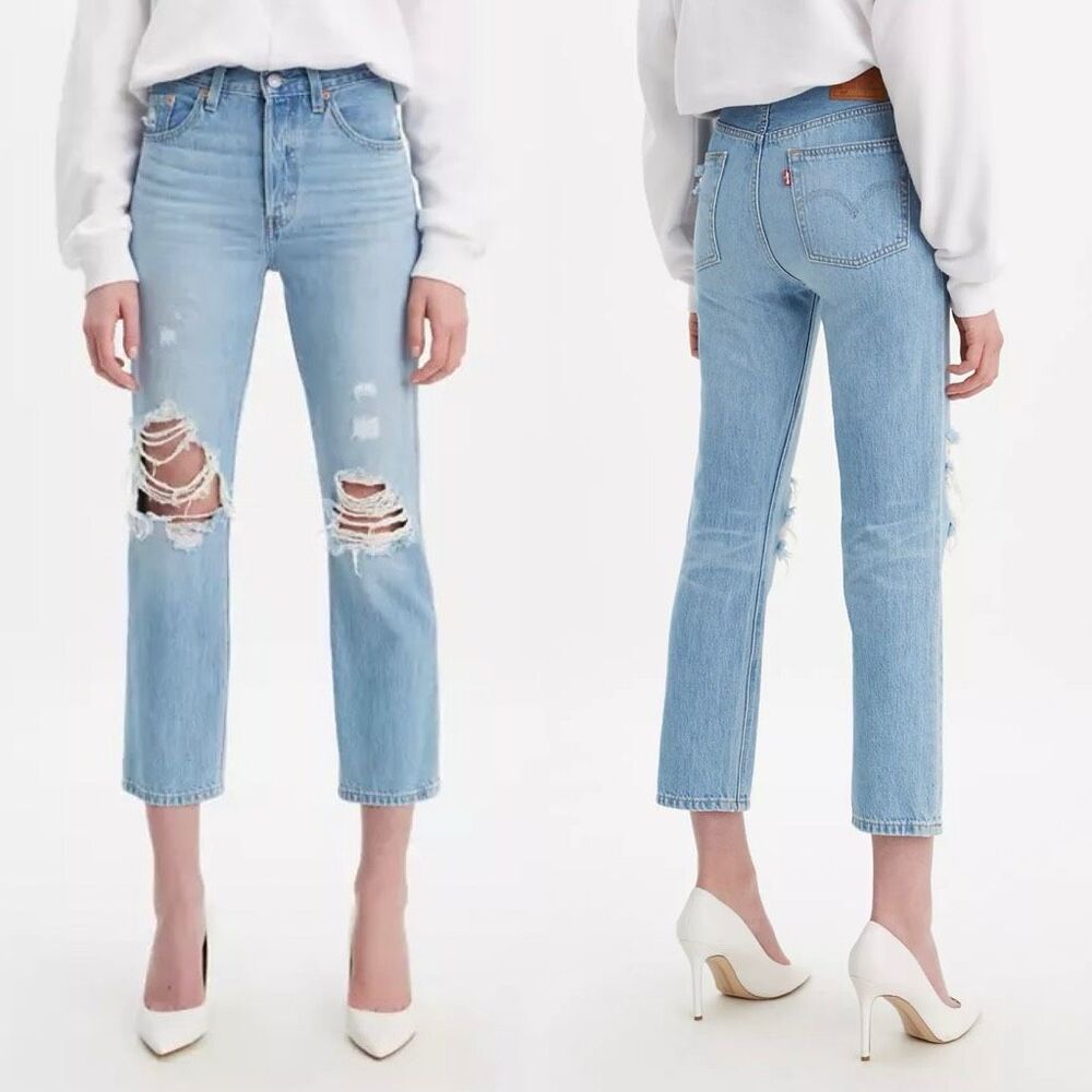 Levi’s 501 Premium Original Cropped Patched Jeans Medium Wash High Rise Size 28 - Picture 1 of 10